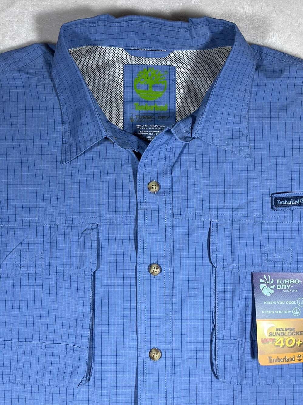 Timberland Turbo-Dry Sunblocker UPF 40+ Blue Grid Long Sleeve Fishing Shirt  LG